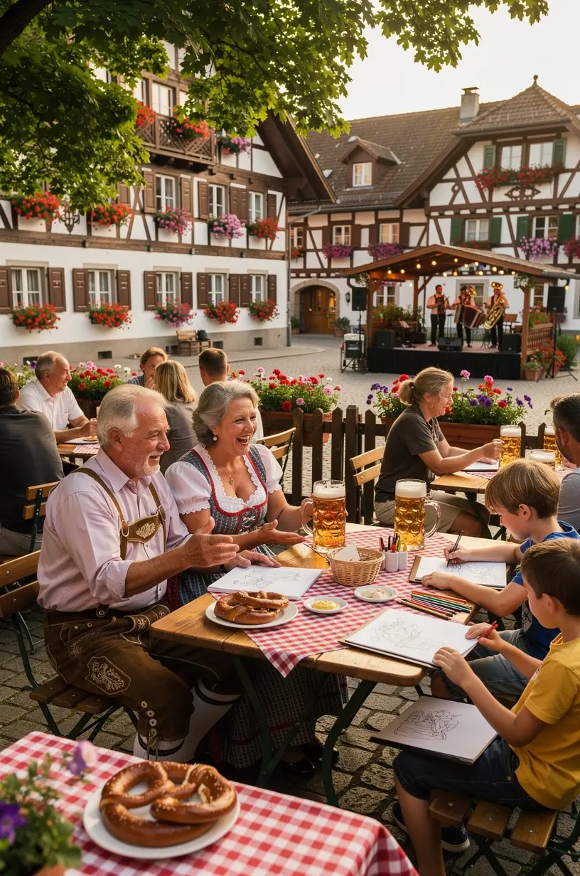 Traditionelle deutsche Fachwerkhäuser entlang einer gepflasterten Straße in einer Altstadt